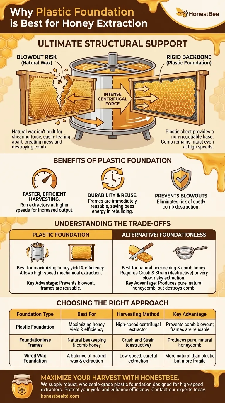 Why is plastic foundation recommended when using an extractor to harvest honey? Ensure Structural Integrity for Efficient Harvesting Visual Guide