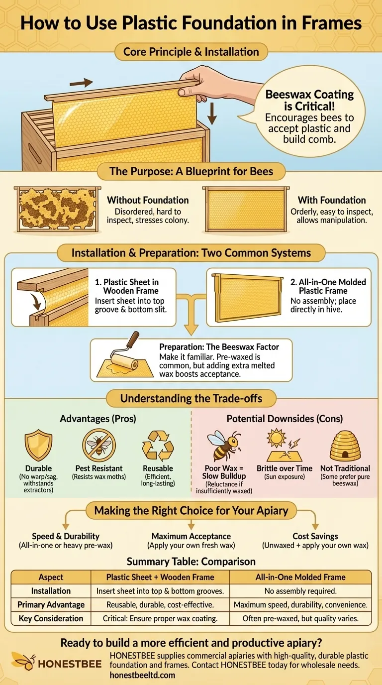 플라스틱 소광대(foundation)를 벌통 틀에 어떻게 사용하나요? 내구성이 뛰어나고 효율적인 양봉을 위한 안내서 시각적 가이드