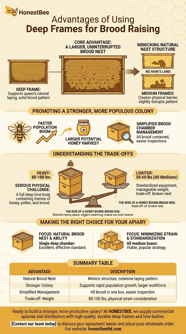 깊은 벌통(deep frames)을 사용하여 봉유(brood)를 키울 때의 이점은 무엇입니까? 군체 강도 및 꿀 생산 극대화 시각적 가이드