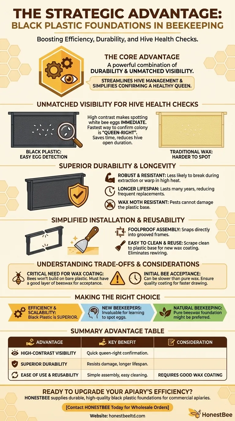 검은색 플라스틱 소광(foundation)을 사용할 때의 장점은 무엇인가요? 벌통 검사 효율성 및 내구성 향상 시각적 가이드