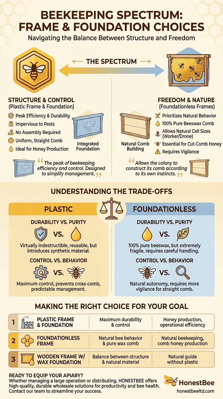 프레임 및 기초재 선택에 있어 스펙트럼의 양 끝단은 무엇인가요? 플라스틱 효율성 대 자연적 자유 시각적 가이드