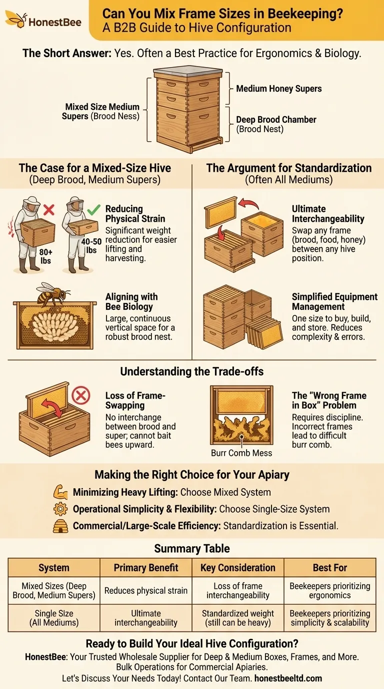 What are the considerations for mixing frame sizes in beekeeping? Balance Ergonomics and Efficiency Visual Guide