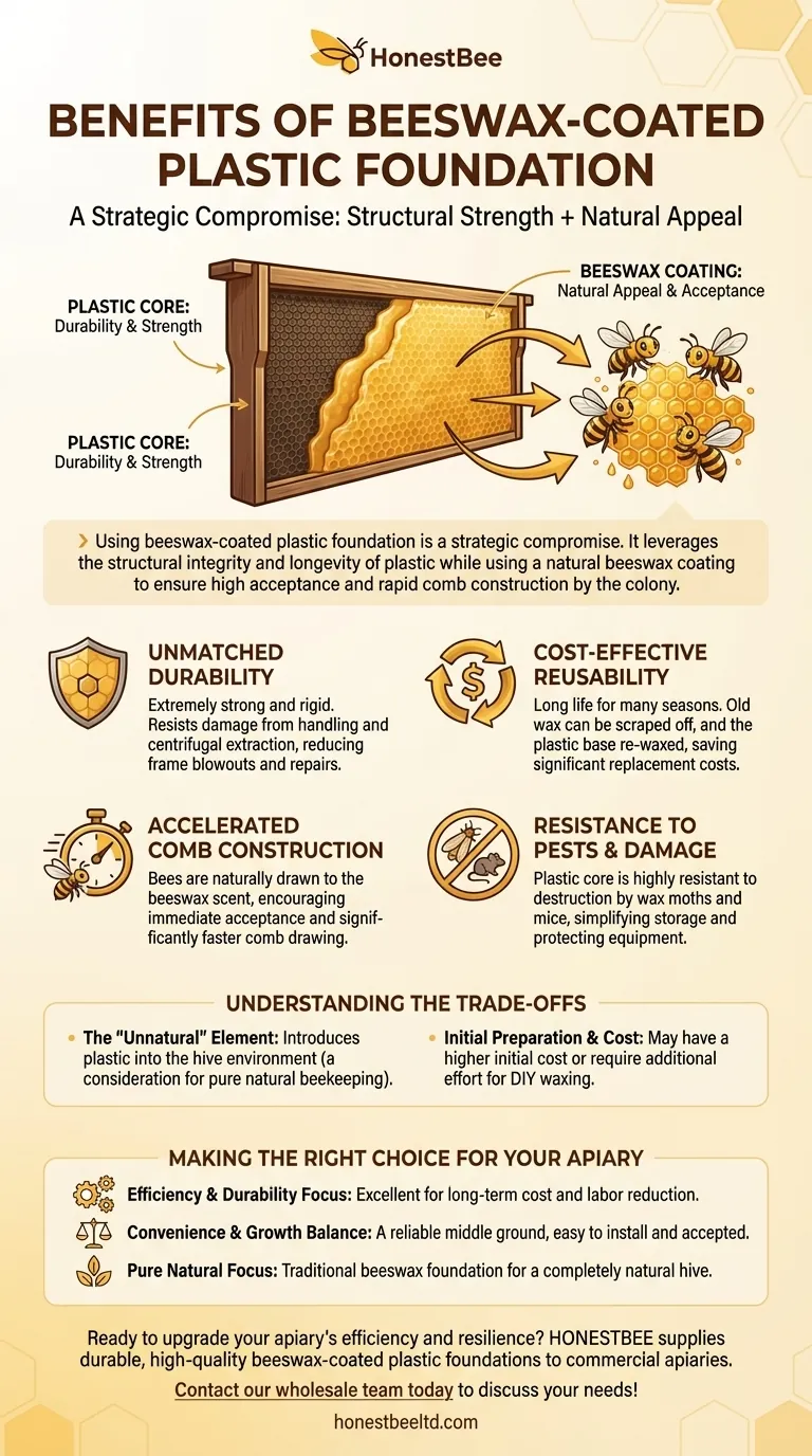 What are the benefits of using plastic foundation covered with beeswax? Boost Comb Building & Durability Visual Guide