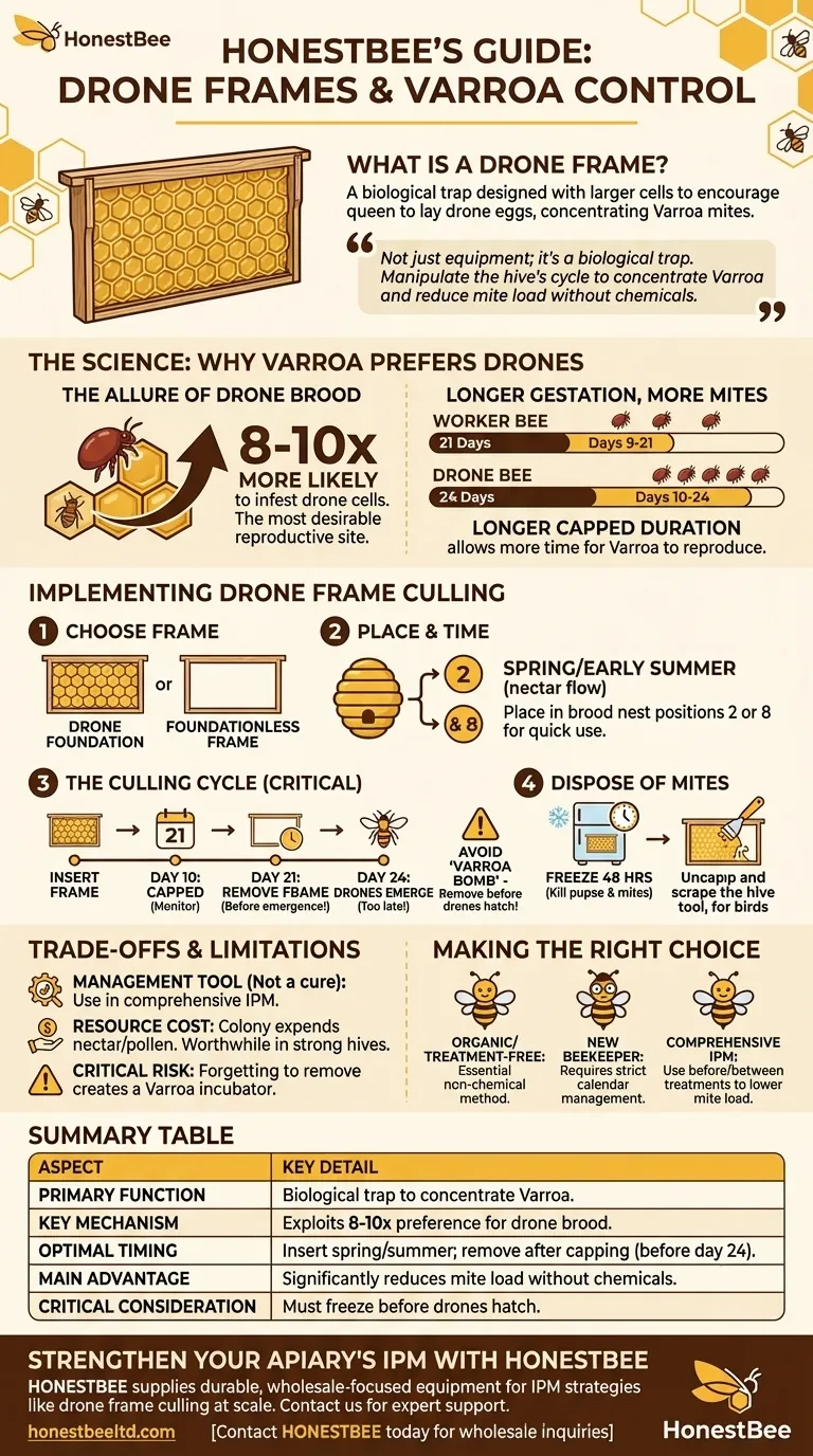 수벌 프레임이란 무엇이며, 어떻게 꿀벌응애(Varroa) 퇴치에 도움이 될까요? 꿀벌응애 방제를 위한 생물학적 트랩 시각적 가이드