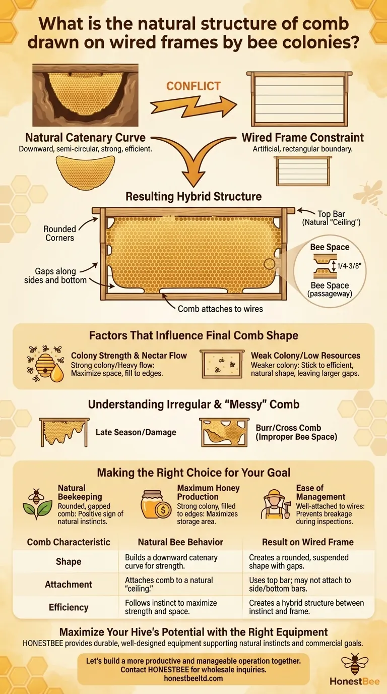 What is the natural structure of comb drawn on wired frames? A Guide to Bee Instincts Visual Guide