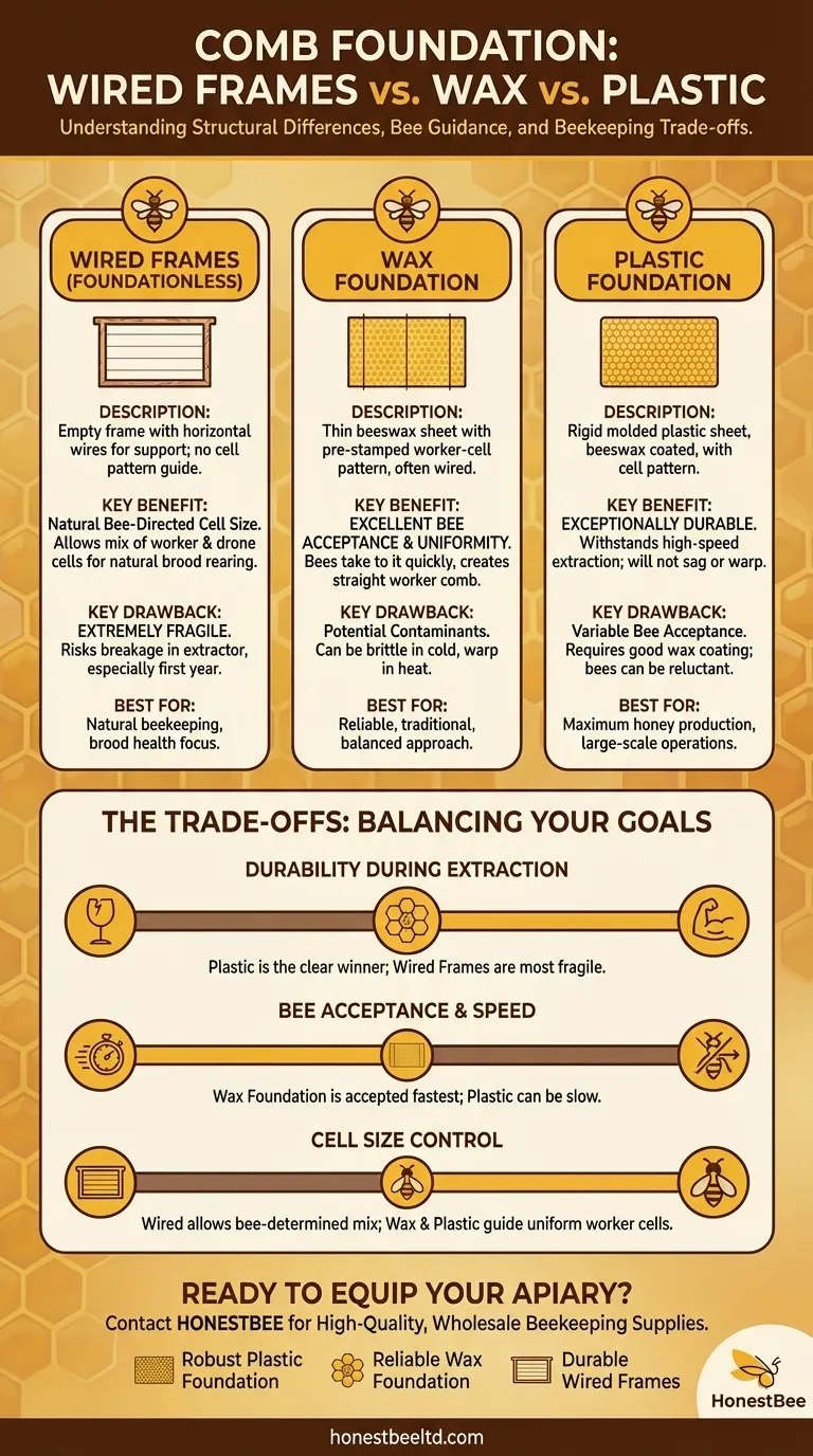 How does comb drawn on wired frames compare to comb on plastic and wax foundations? A Guide to Comb Strength & Bee Acceptance Visual Guide