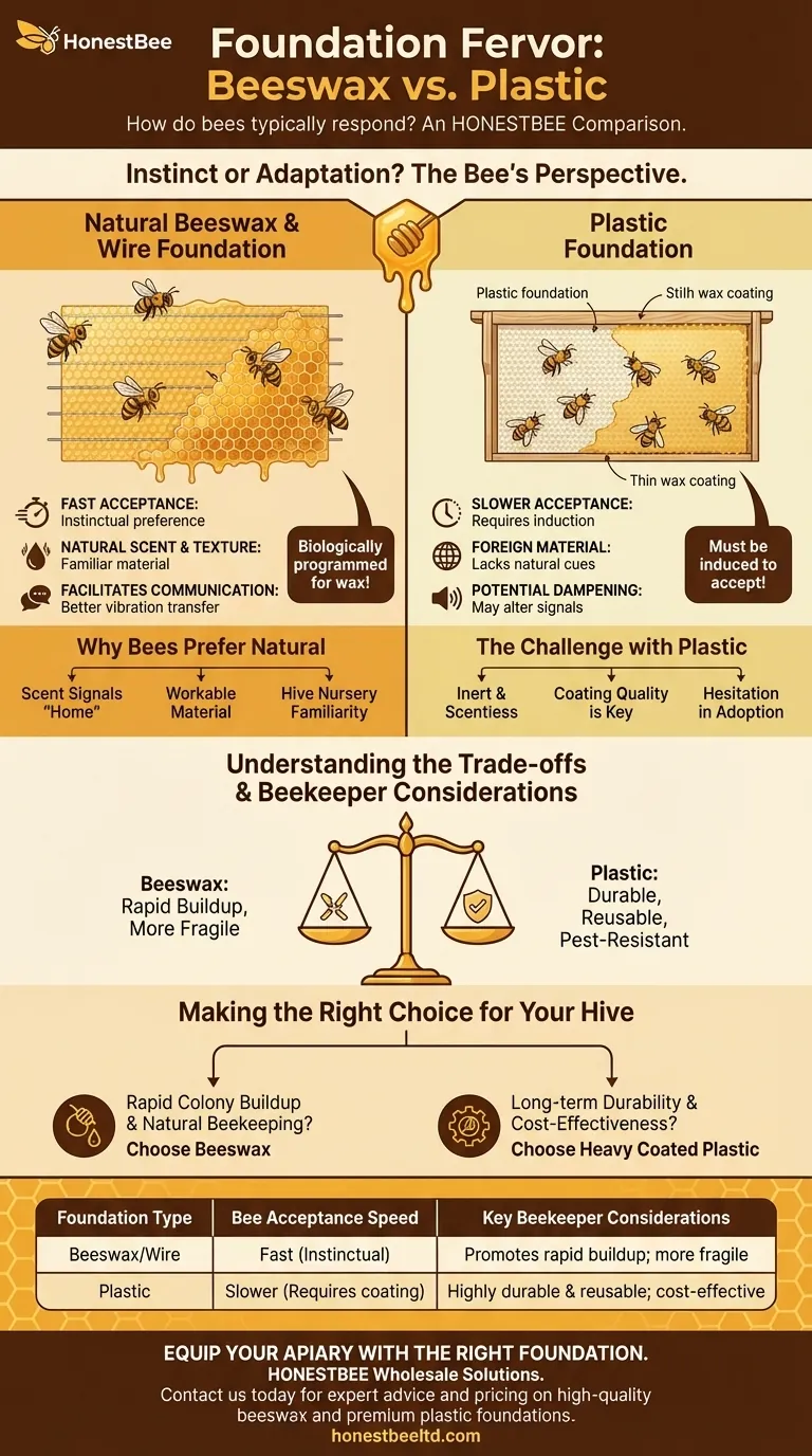How do bees respond to wax or wire foundations vs. plastic? Achieve Faster Comb Building Visual Guide