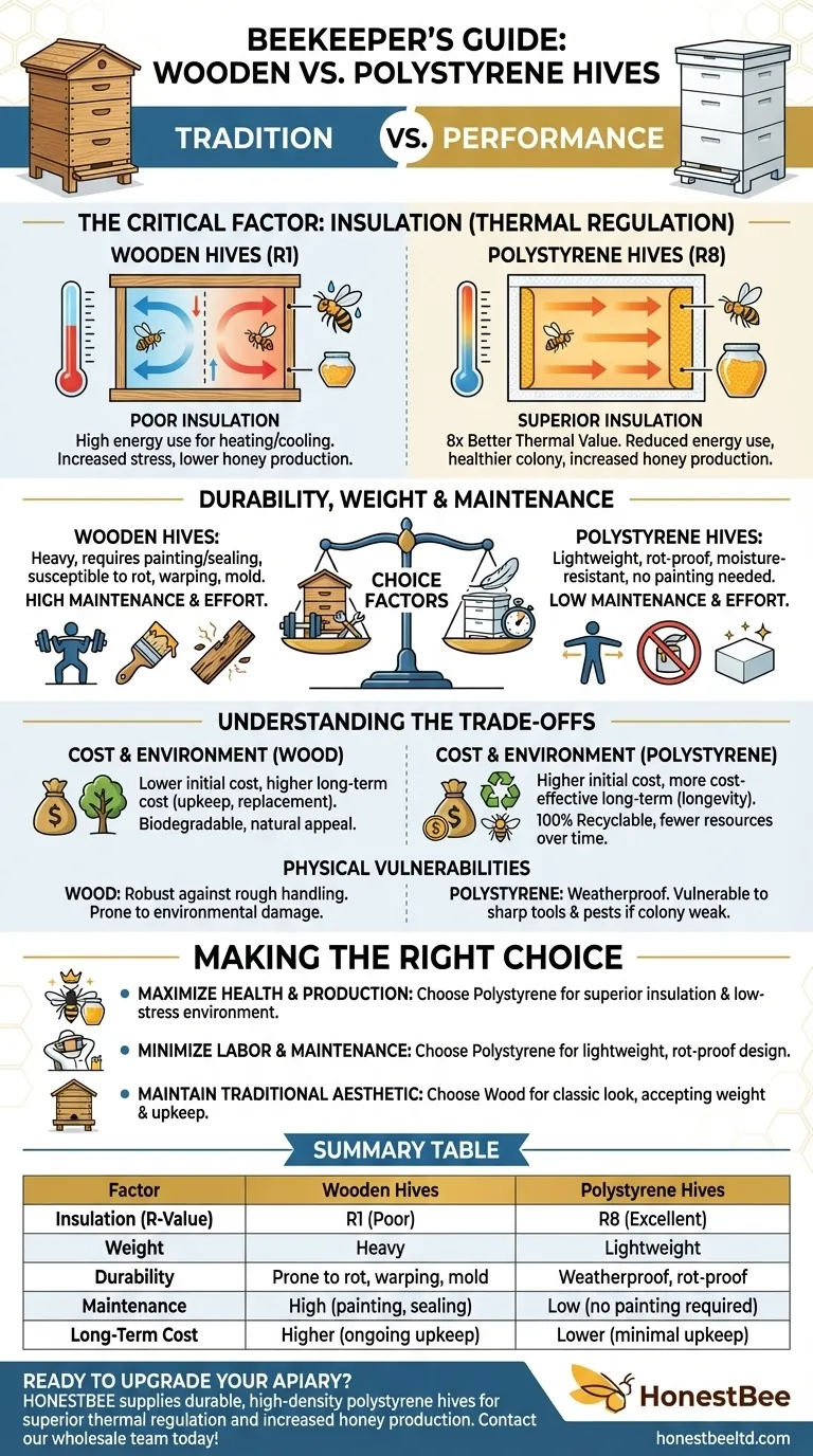 양봉가들은 나무 벌통과 스티로폼 벌통 중 선택할 때 어떤 요소를 고려해야 할까요? 꿀벌 건강과 꿀 생산 극대화 시각적 가이드