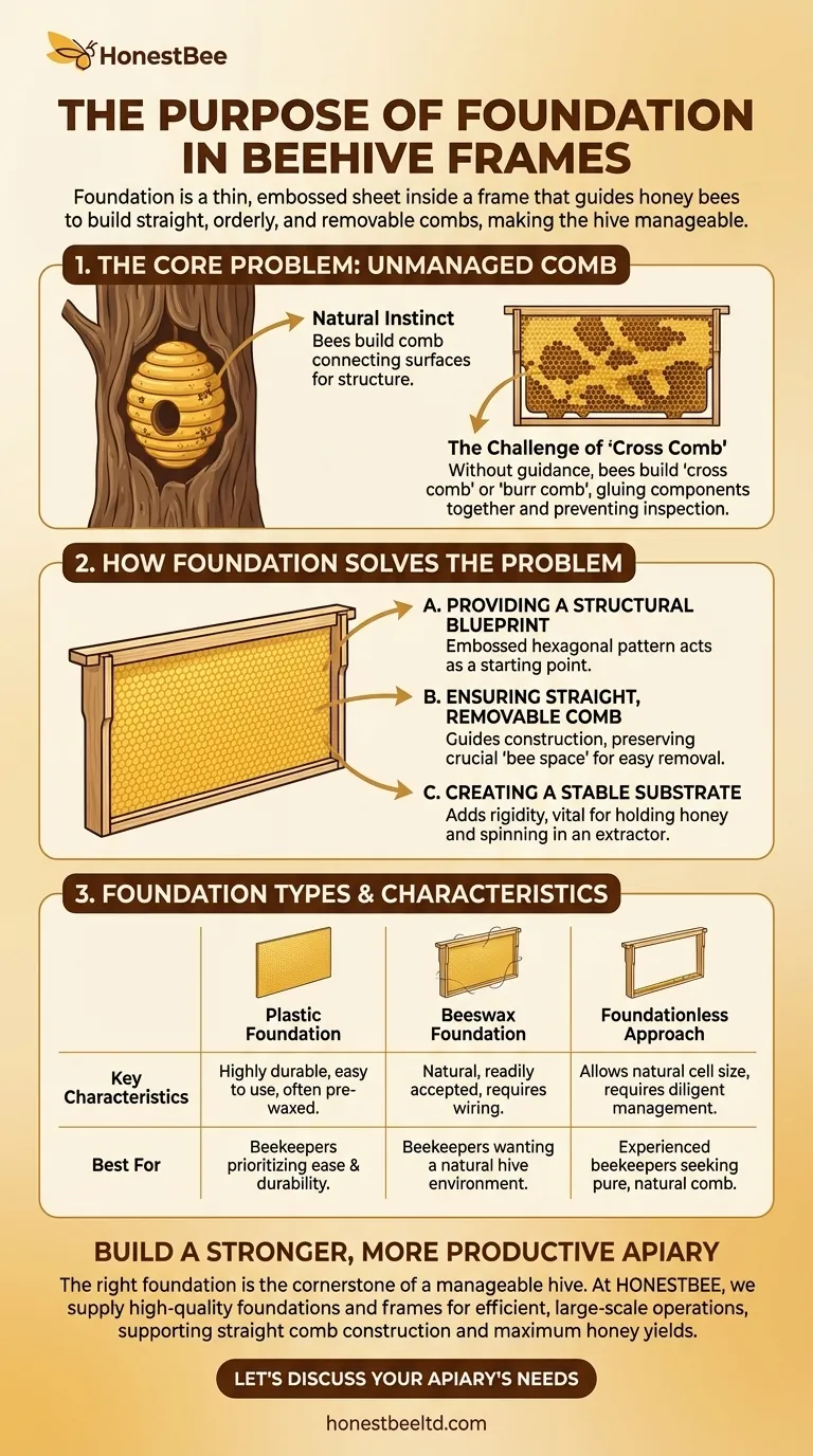 What is the purpose of the foundation in the frames? A Guide to Orderly & Productive Beekeeping Visual Guide