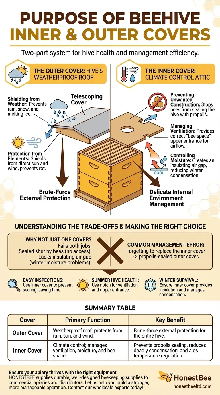 What is the purpose of the inner and outer covers in a beehive? Essential for Hive Health & Management Visual Guide