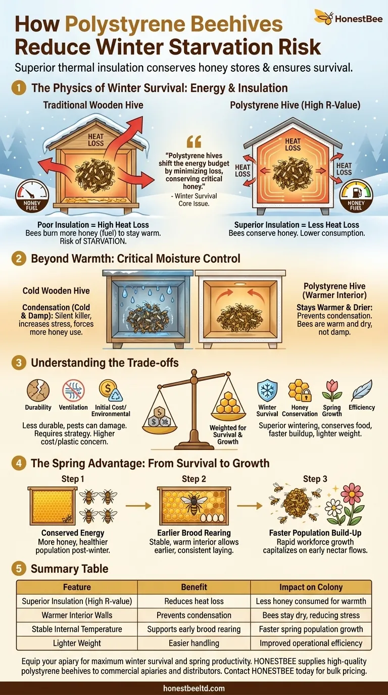 How do polystyrene beehives reduce the risk of starvation in honeybee colonies during winter? Superior Insulation for Winter Survival Visual Guide
