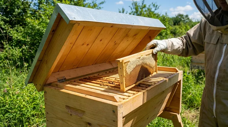 탑바 하이브에서 경첩식 빗살 모양 지붕의 이점은 무엇인가요? 벌통 접근성 및 벌 보호 강화