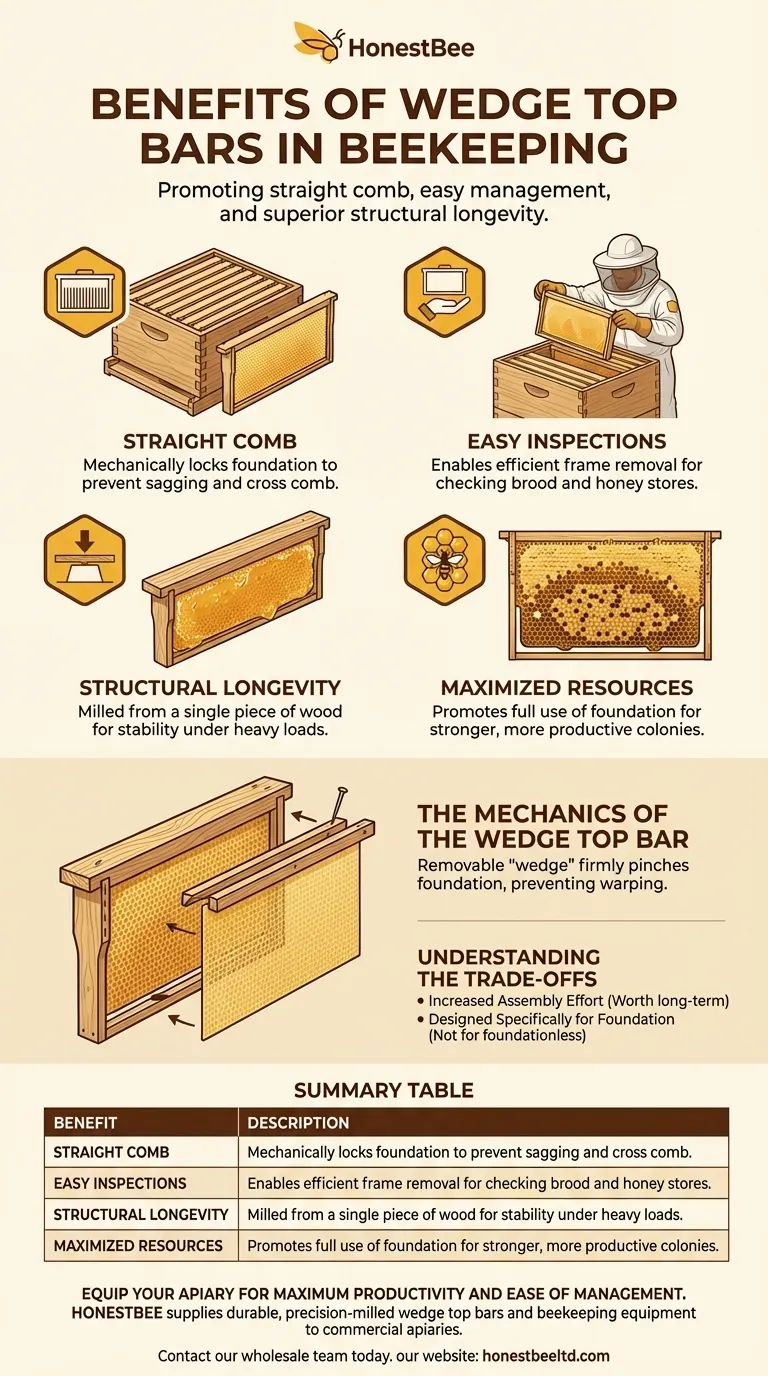 양봉에서 쐐기형 상단 바를 사용하는 것의 이점은 무엇인가요? 곧은 벌집과 오래가는 벌통 프레임을 보장합니다. 시각적 가이드
