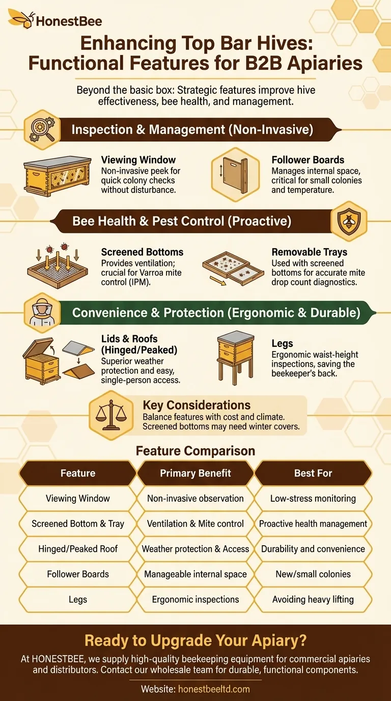 탑바형 벌통에 추가할 수 있는 기능에는 어떤 것들이 있나요? 벌 건강 및 양봉가의 편의성 향상 시각적 가이드