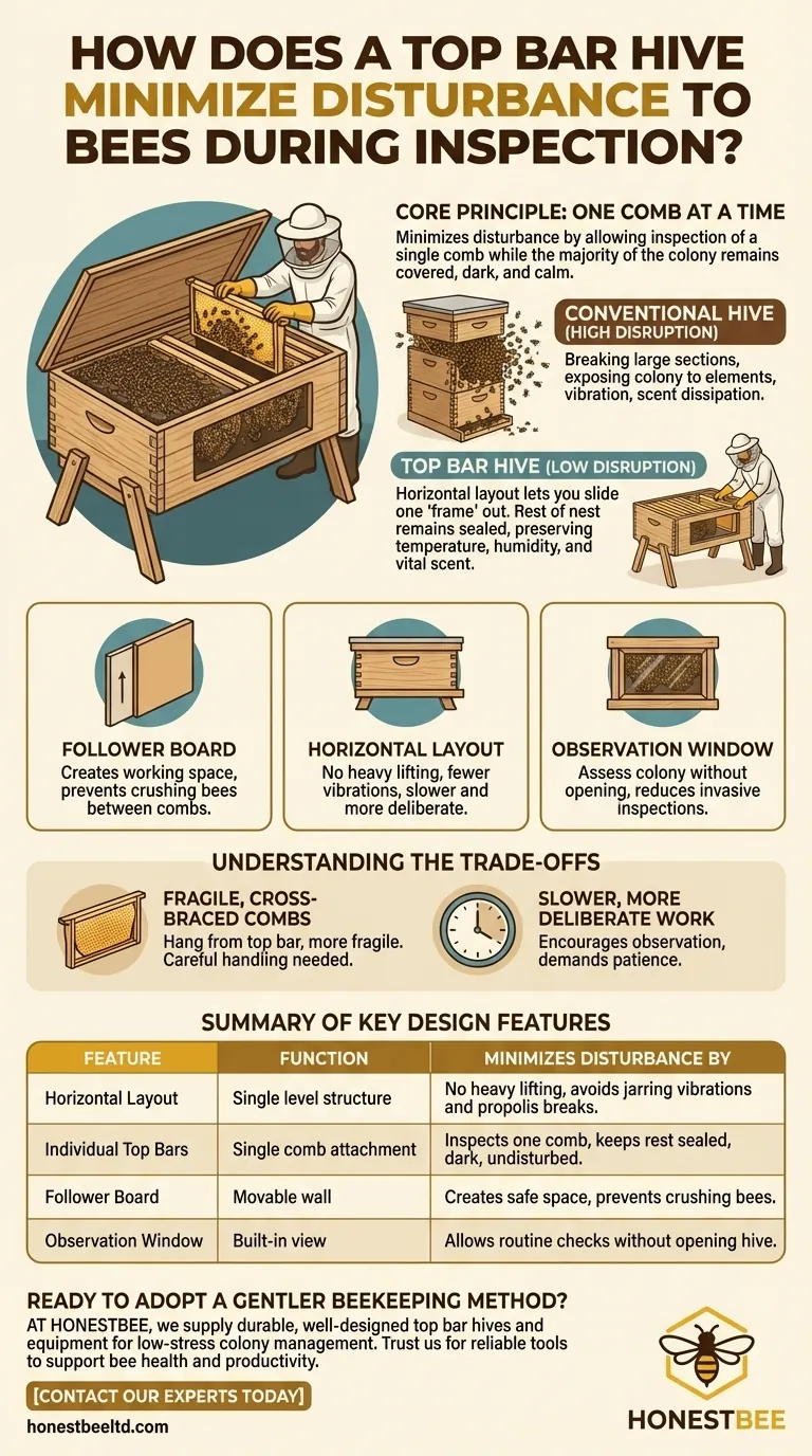 How does the design of a top bar hive minimize disturbance to the bees during inspection? Achieve a Calmer, More Natural Approach Visual Guide