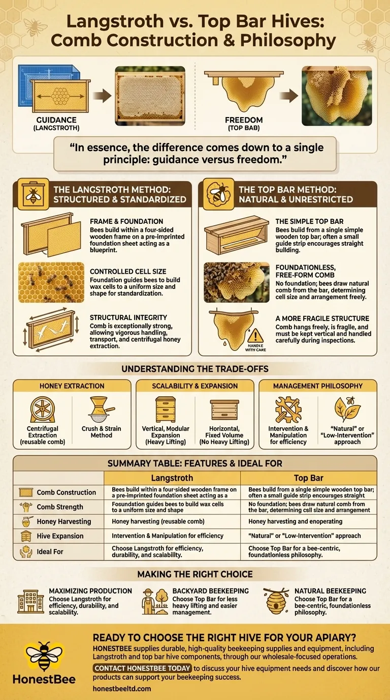How does the top bar hive differ from the Langstroth hive in terms of comb construction? Visual Guide