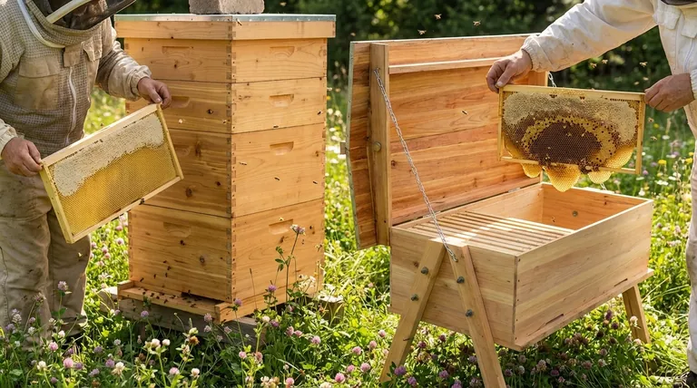 How does the top bar hive differ from the Langstroth hive in terms of comb construction?