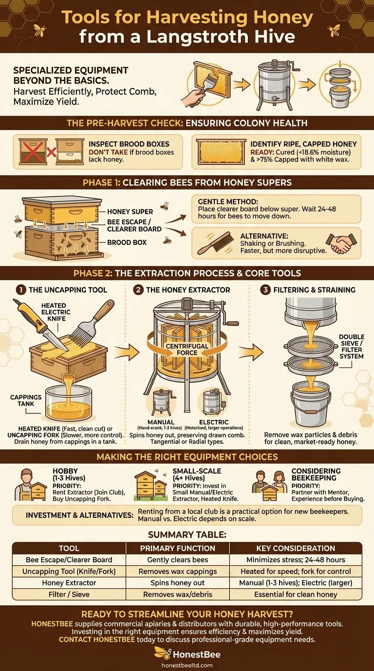 What specialized tools are required for harvesting honey from a Langstroth hive? Essential Equipment Guide Visual Guide