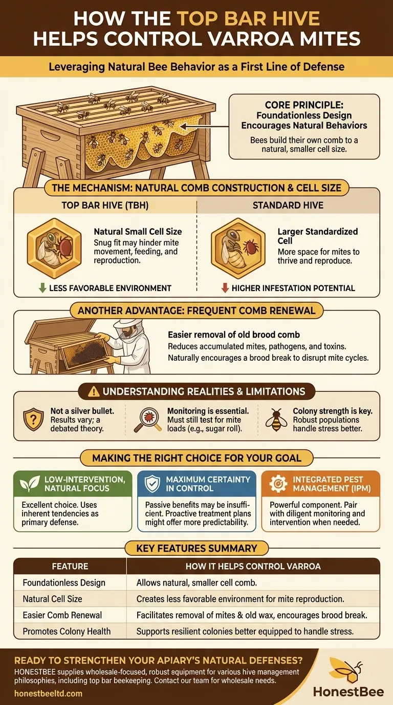 How does the top bar hive help control the varroa mite problem? Leverage Natural Bee Behavior for Mite Resistance Visual Guide