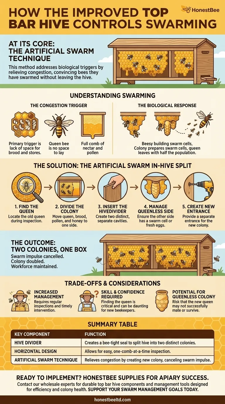 How does the improved top bar hive design help with swarm control? Use an Artificial Swarm to Double Your Colonies Visual Guide