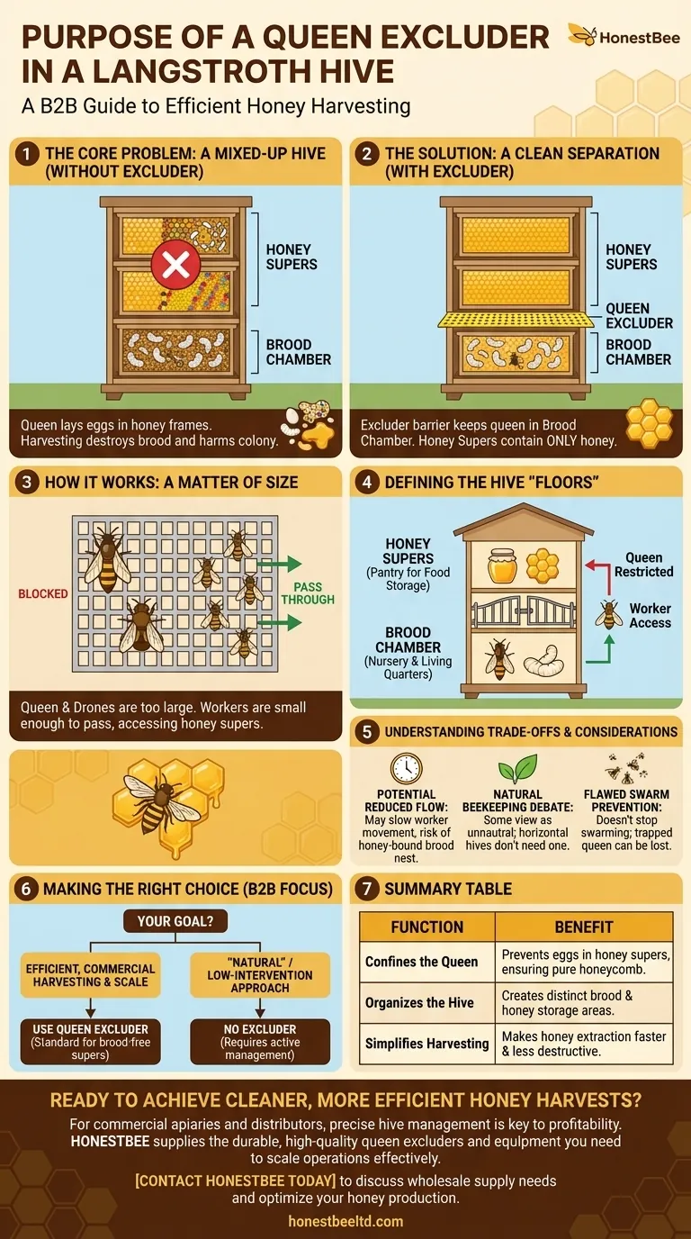 랑스트로스 벌통에서 여왕벌 격리판(queen excluder)의 목적은 무엇인가요? 깨끗한 꿀 수확을 위한 안내서 시각적 가이드