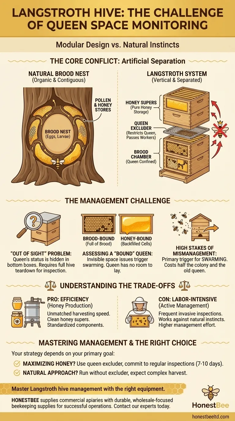 Why is monitoring space for the queen more challenging in a Langstroth hive? Understanding the Vertical Design Trade-off Visual Guide