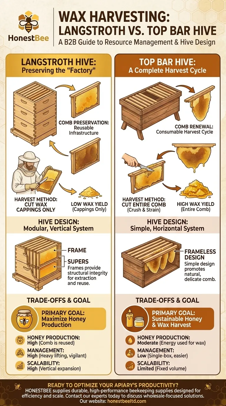 How does wax harvesting differ between a top bar hive and a Langstroth hive? Choose Your Beekeeping Strategy Visual Guide