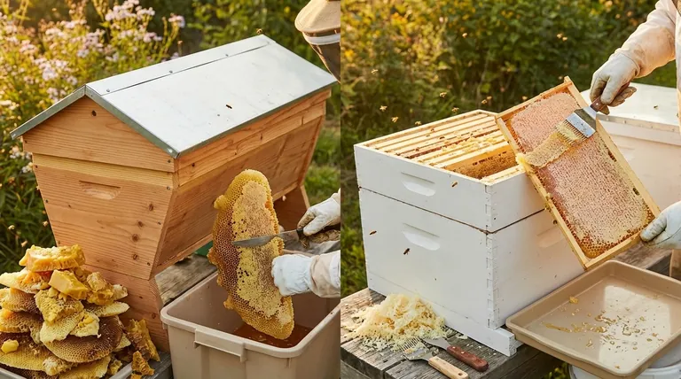 How does wax harvesting differ between a top bar hive and a Langstroth hive? Choose Your Beekeeping Strategy