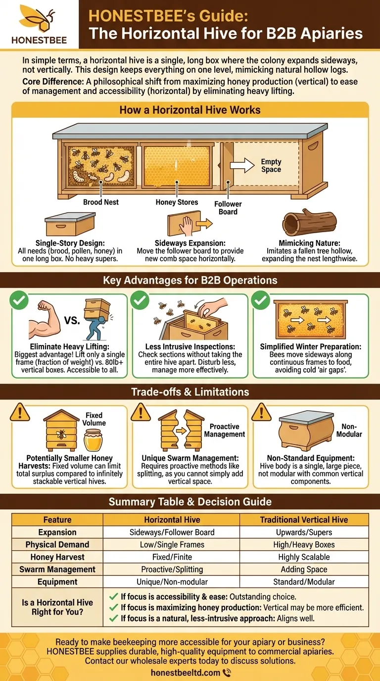 What is a horizontal hive? The low-lift solution for accessible, natural beekeeping. Visual Guide