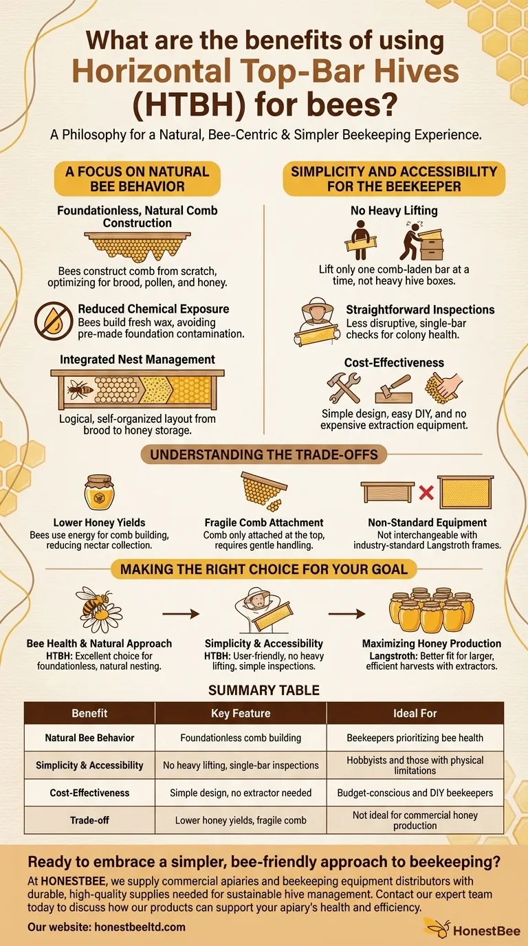 수평 탑바 벌통(Horizontal Top-Bar Hives) 사용의 이점은 무엇인가요? 더 간단하고, 벌 중심적인 접근 방식 시각적 가이드