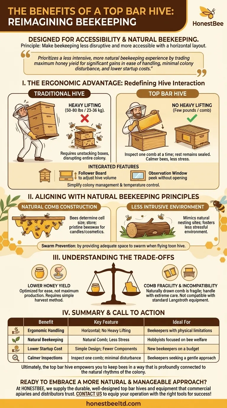 How does the design of a top bar hive benefit beekeepers? Ergonomic &amp; Natural Beekeeping for Hobbyists Visual Guide