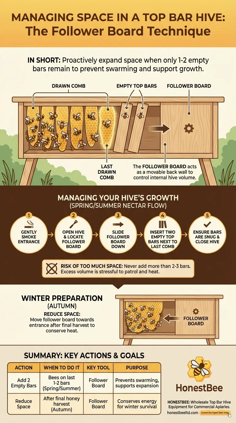 What should be done if there are only 1-2 empty bars in a top bar hive? Prevent Swarming with Proactive Management Visual Guide