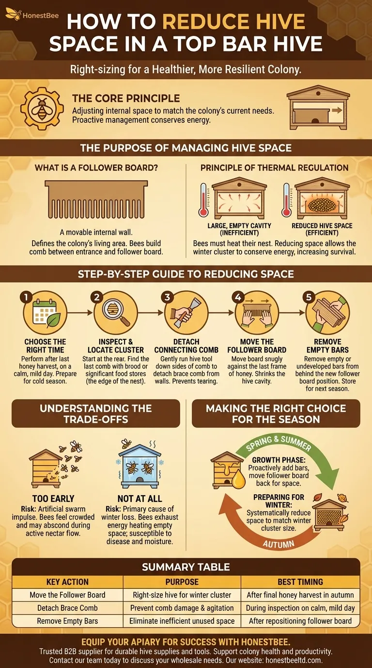 How can beekeepers reduce the hive space in a top bar hive? A Guide to Winter Preparation Visual Guide