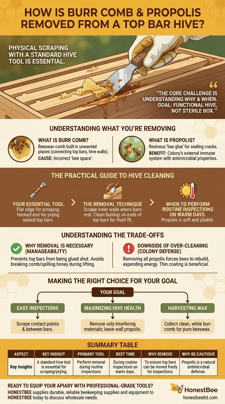 How is burr comb and propolis removed from a top bar hive? A Practical Guide for Hive Maintenance Visual Guide