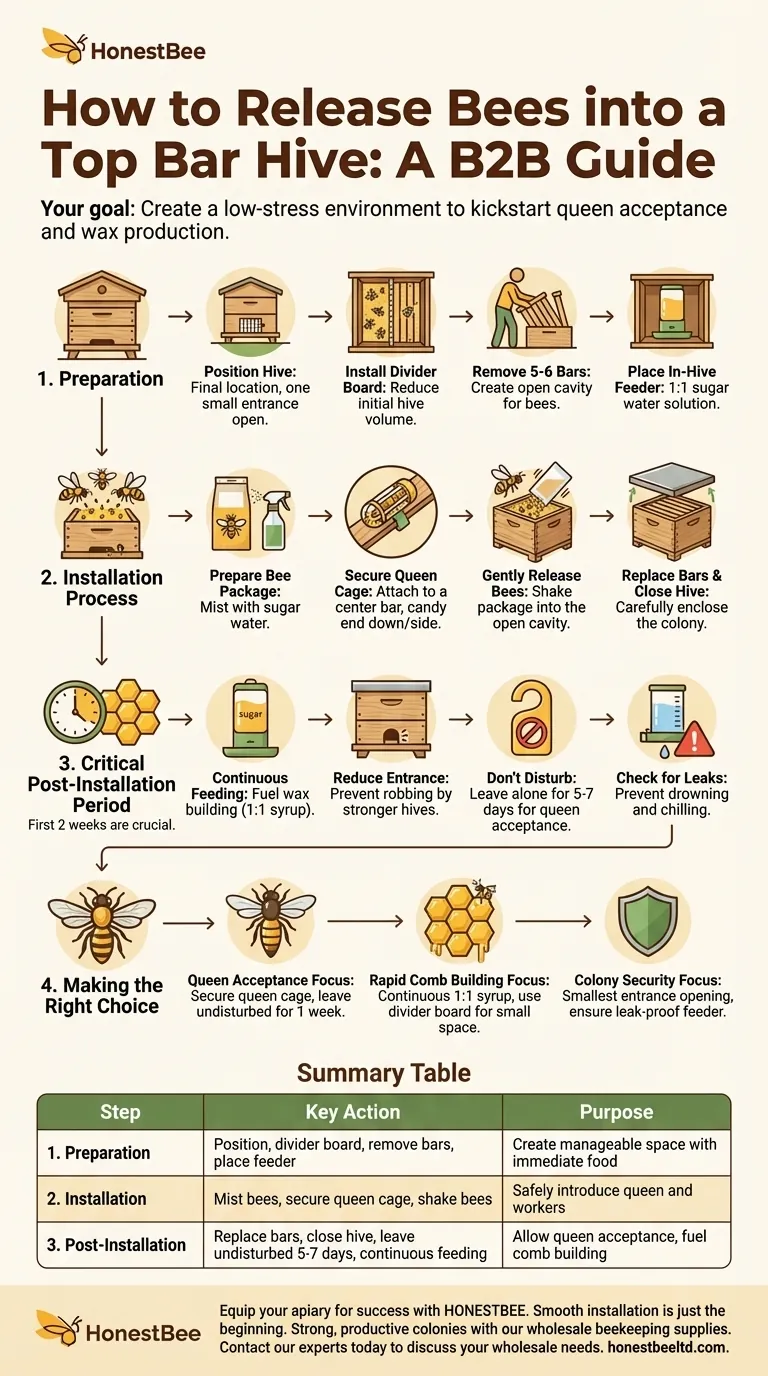 What are the steps for releasing bees into a top bar hive? Ensure a Strong Start for Your New Colony Visual Guide