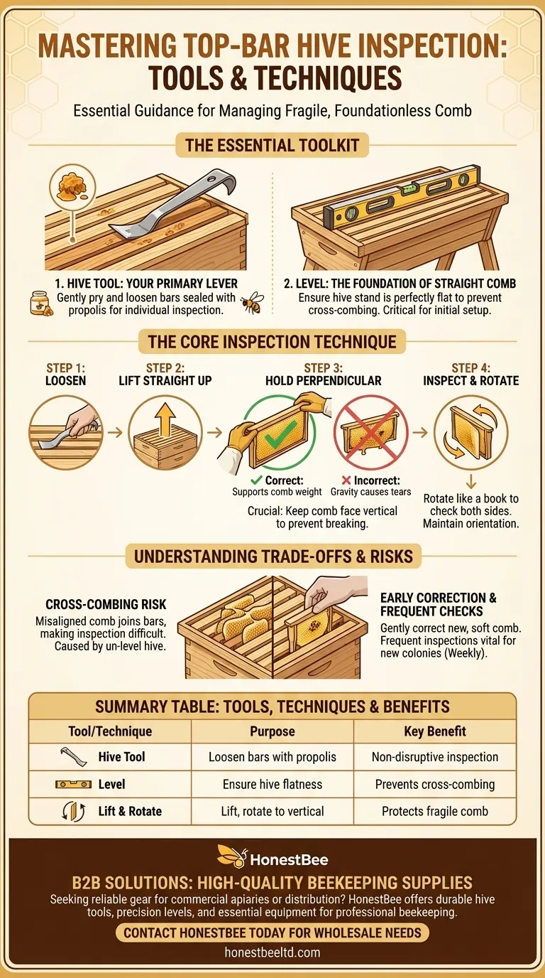What tools and techniques are recommended for inspecting top bars in a beehive? Master Top-Bar Hive Inspections Visual Guide