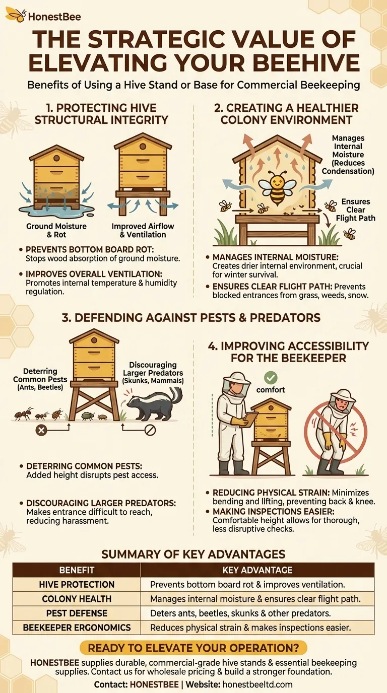 What are the benefits of elevating a bee hive with a stand or base? Protect Your Colony and Your Back Visual Guide