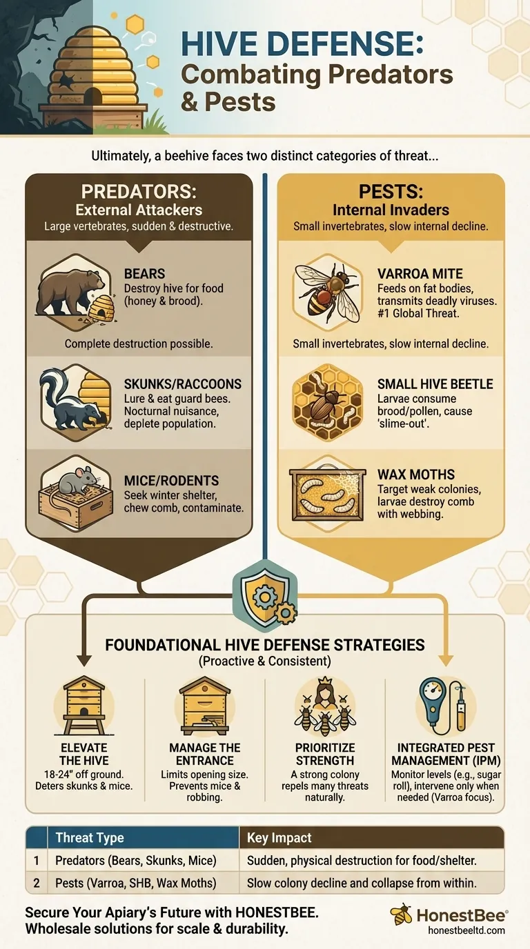 What are some common predators and pests that target beehives? Protect Your Hives from Bears, Mites, and Beetles Visual Guide