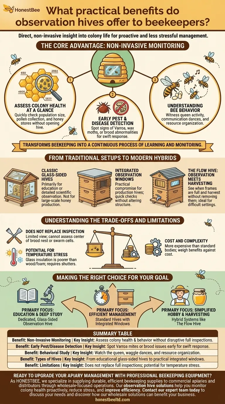 What practical benefits do observation hives offer to beekeepers? Enhance Your Apiary Management with Non-Invasive Monitoring Visual Guide