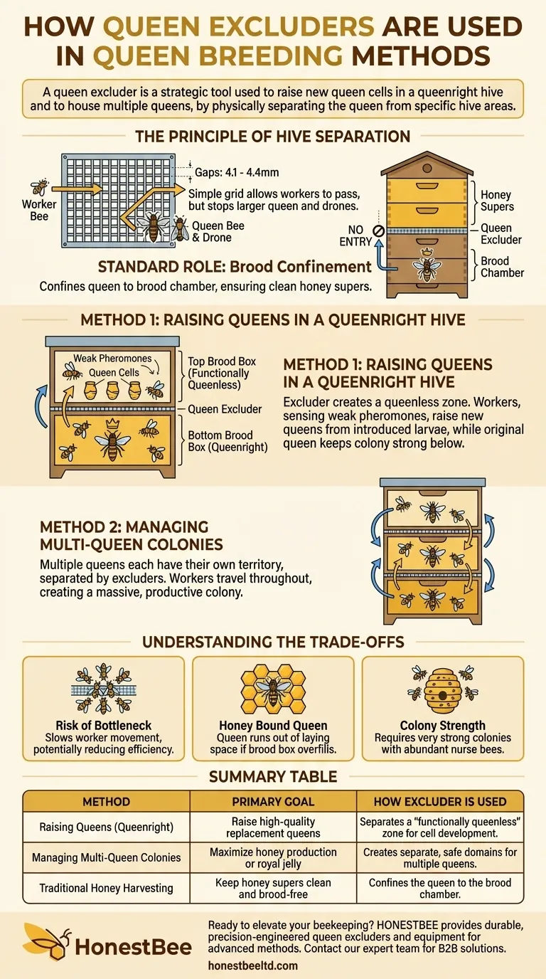 How are queen excluders used in queen breeding methods? Master Advanced Hive Management Visual Guide
