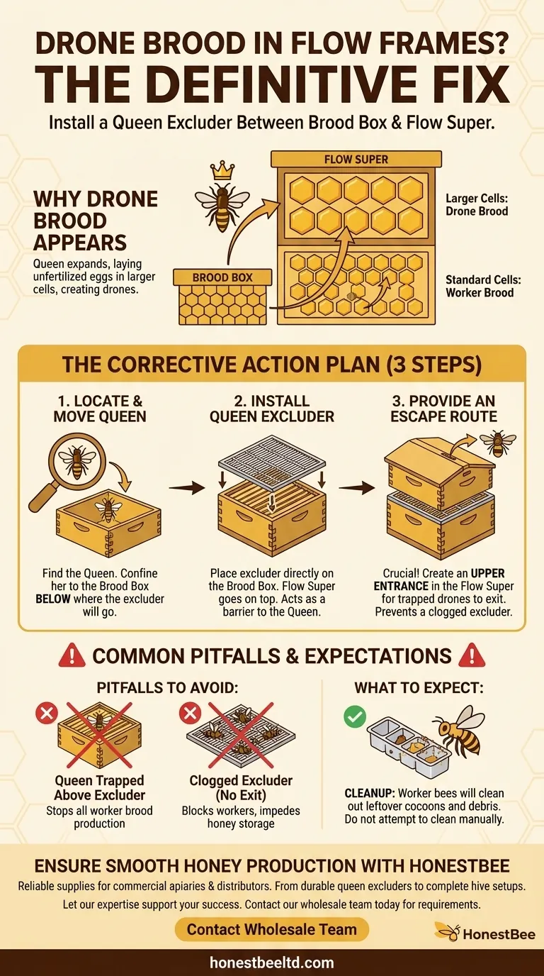플로우 프레임에서 수벌 유충이 발견되면 어떻게 해야 합니까? 즉시 여왕벌 배제기(Queen Excluder)를 설치하십시오 시각적 가이드