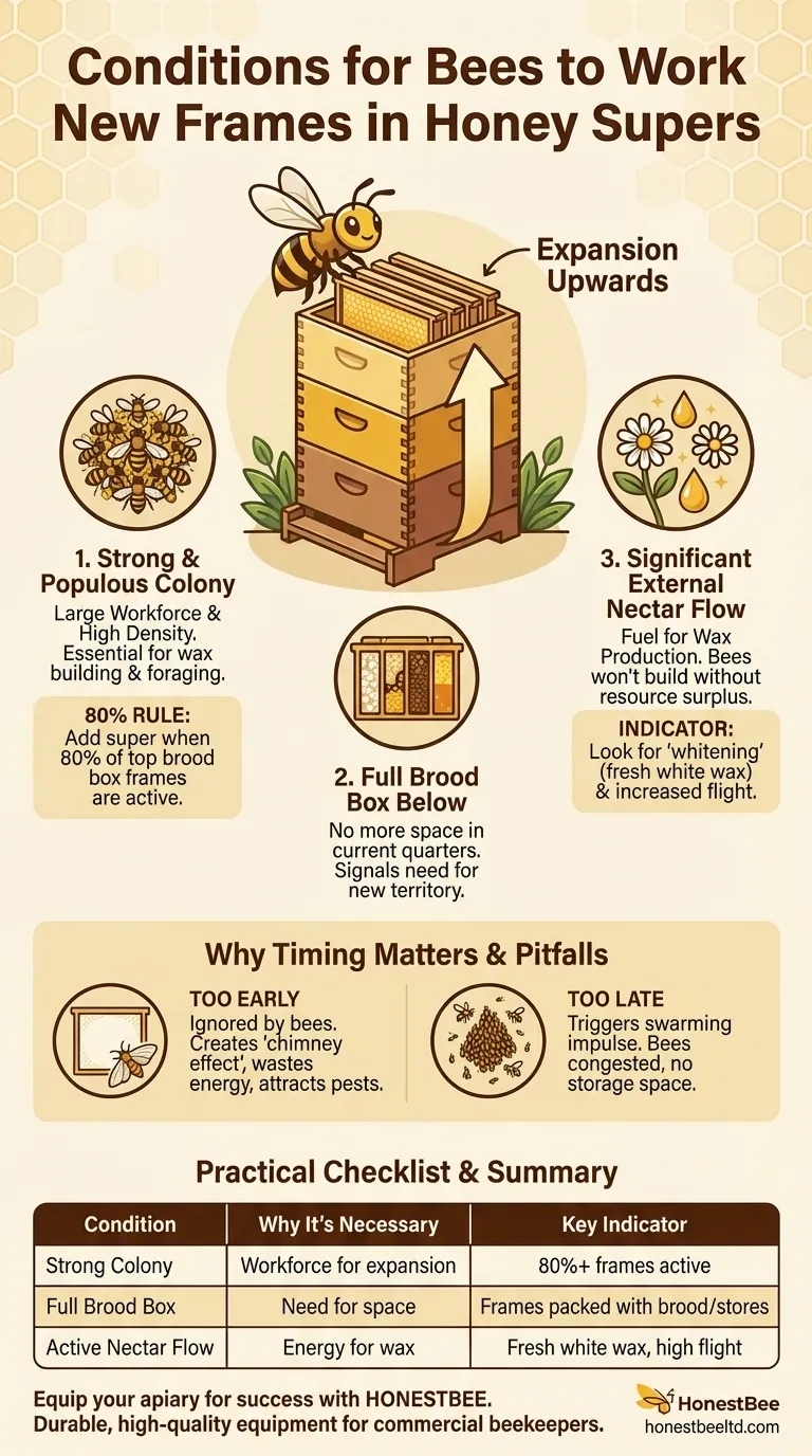 꿀벌이 꿀 상자(honey super)의 새 벌집 틀에서 작업하는 데 필요한 조건은 무엇인가요? 꿀 생산량을 극대화하세요 시각적 가이드
