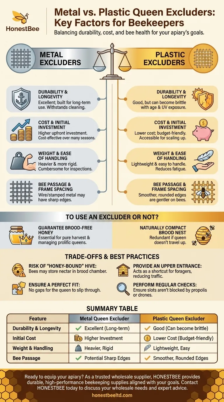 Какие факторы следует учитывать пчеловодам при выборе между металлическими и пластиковыми разделительными решетками? Руководство по долговечности, стоимости и здоровью пчел Визуальное руководство