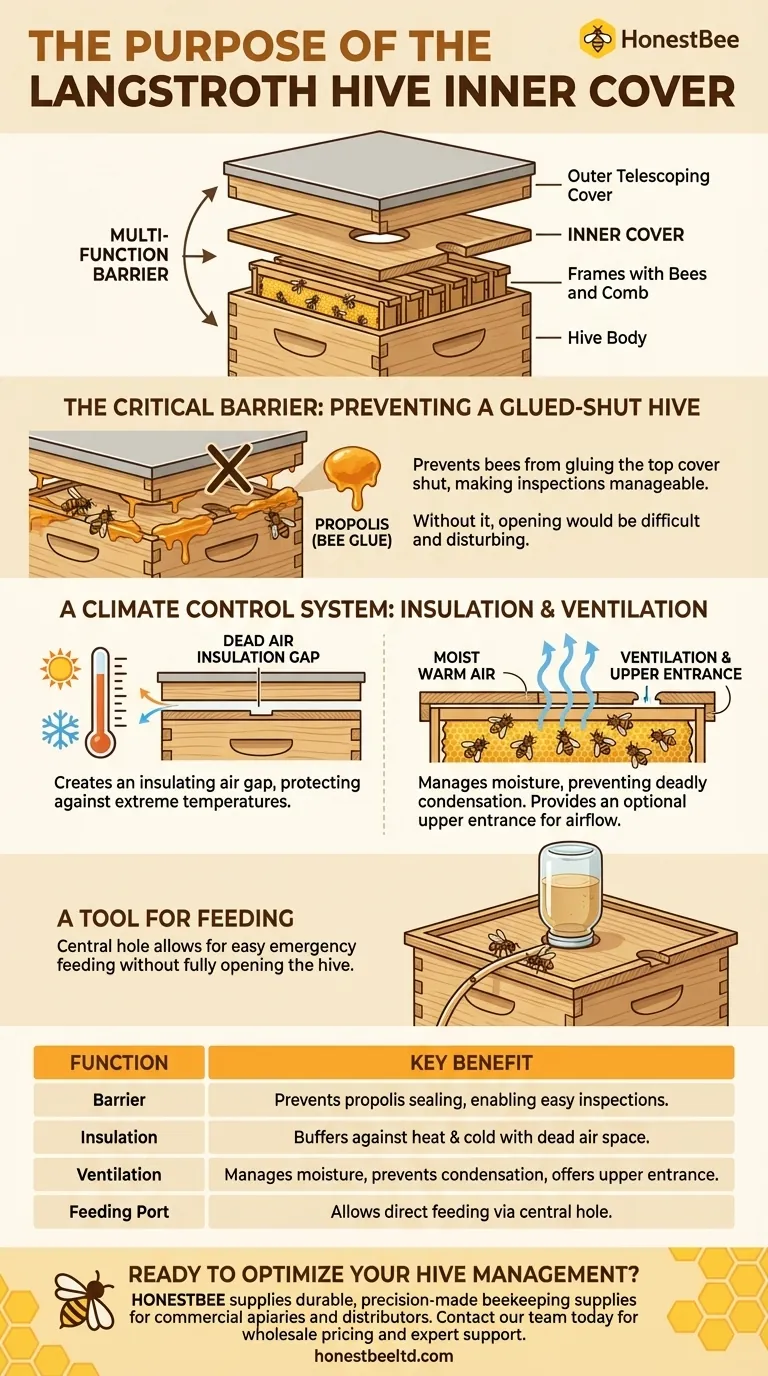 랑스트로스 벌통에서 내부 덮개(inner cover)의 목적은 무엇입니까? 벌통 기후 제어 및 관리에 필수적입니다. 시각적 가이드