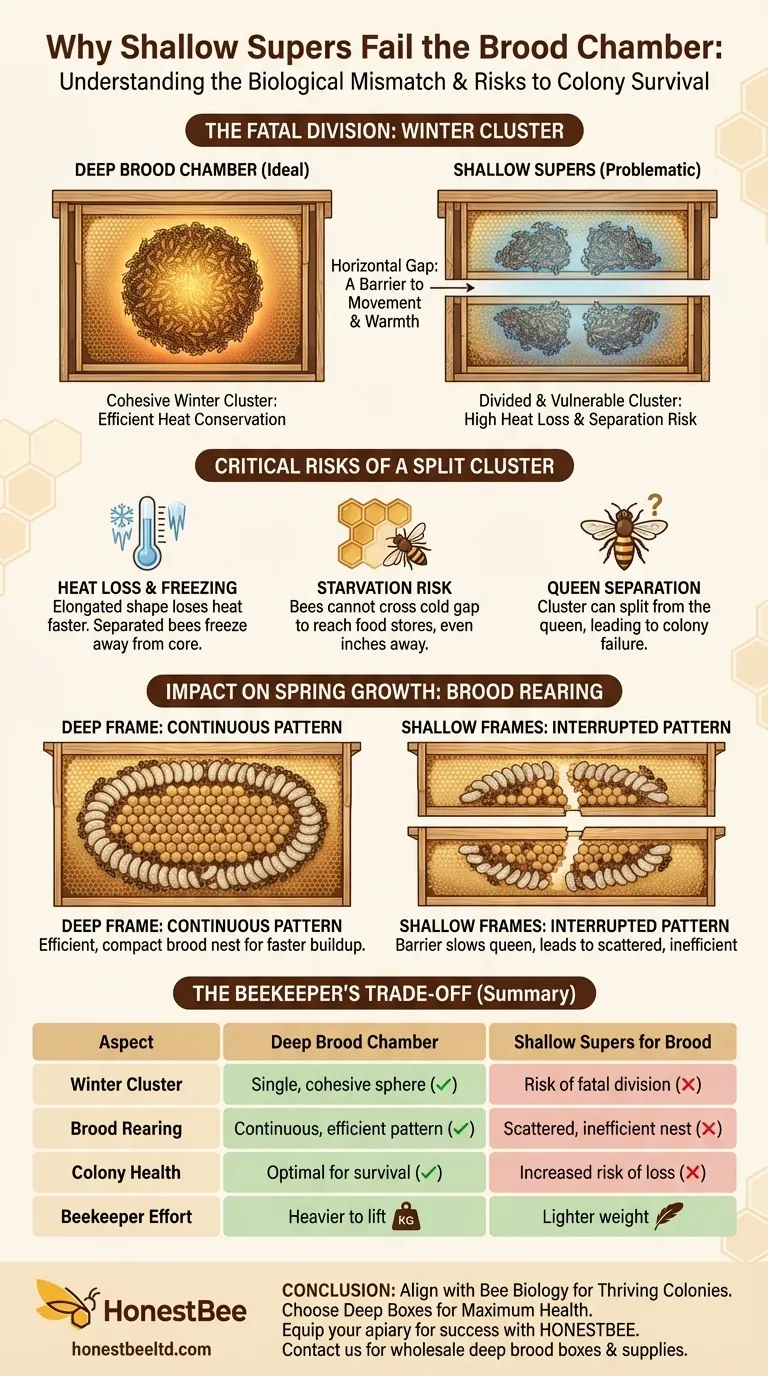 Why are shallow supers not ideal for the brood chamber? Avoid fatal winter cluster division. Visual Guide