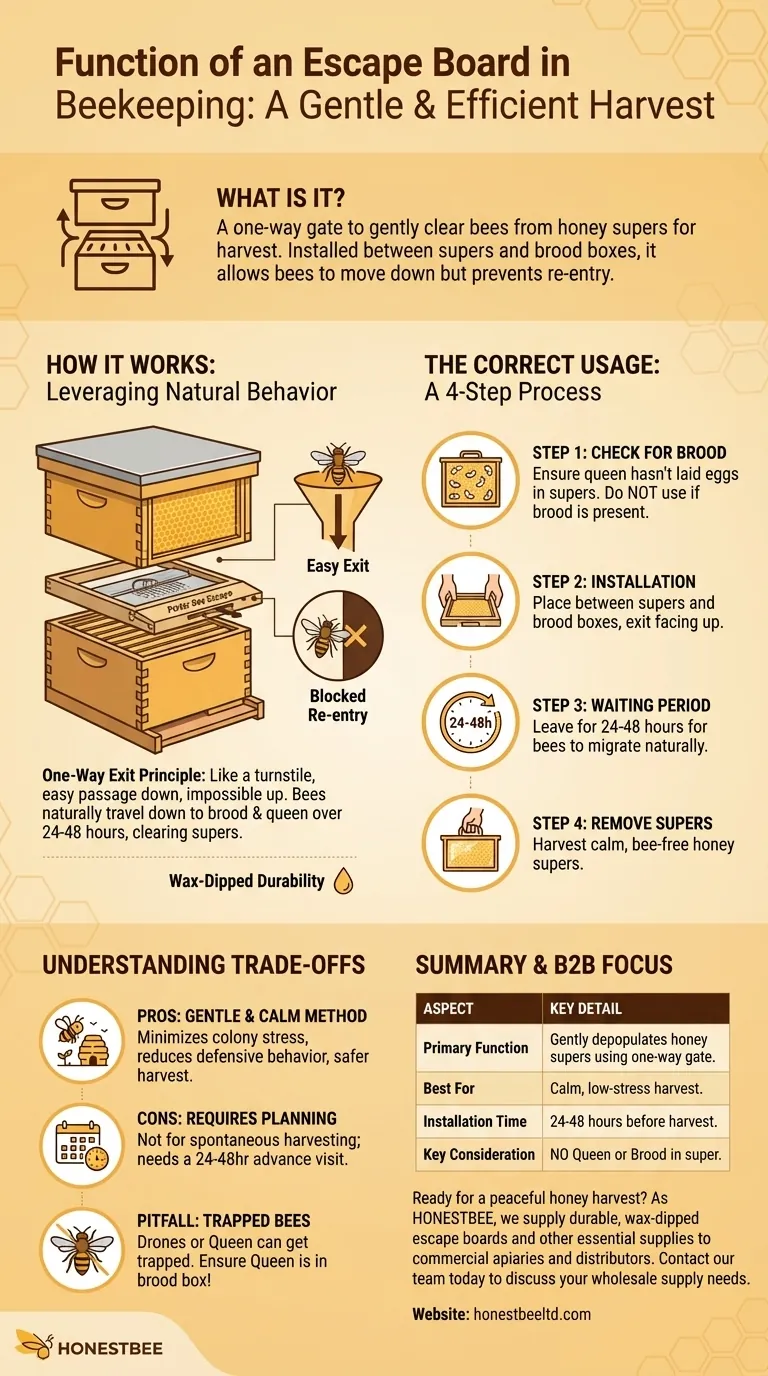 What is the function of an escape board in beekeeping? A Gentle Guide to Harvesting Honey Visual Guide
