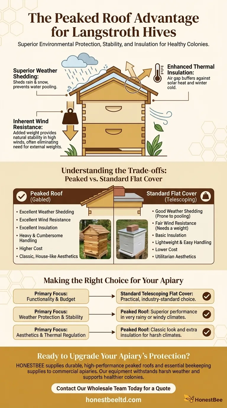 What are the features of the peaked roof in Langstroth hives? Superior Weather Protection & Stability Visual Guide