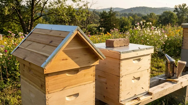 What are the features of the peaked roof in Langstroth hives? Superior Weather Protection & Stability