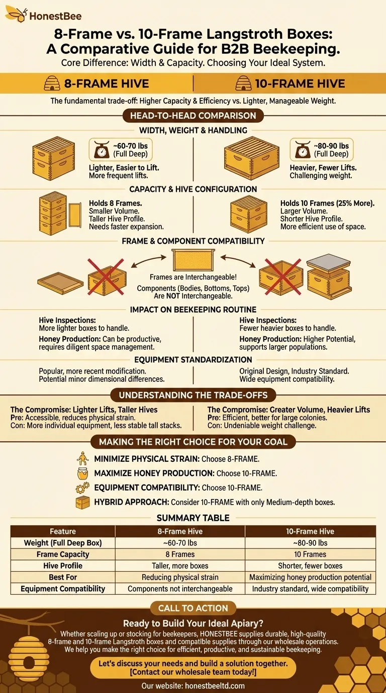 Qual è la differenza tra le arnie Langstroth a 8 telaini e quelle a 10 telaini? Scegli l'arnia giusta per le tue esigenze Guida Visiva
