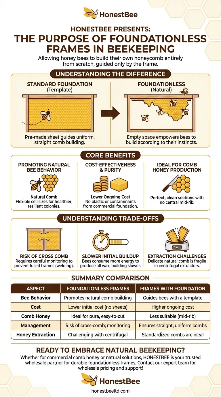 What is the purpose of using foundationless frames in beekeeping? Promote Natural Bee Behavior & Comb Honey Visual Guide